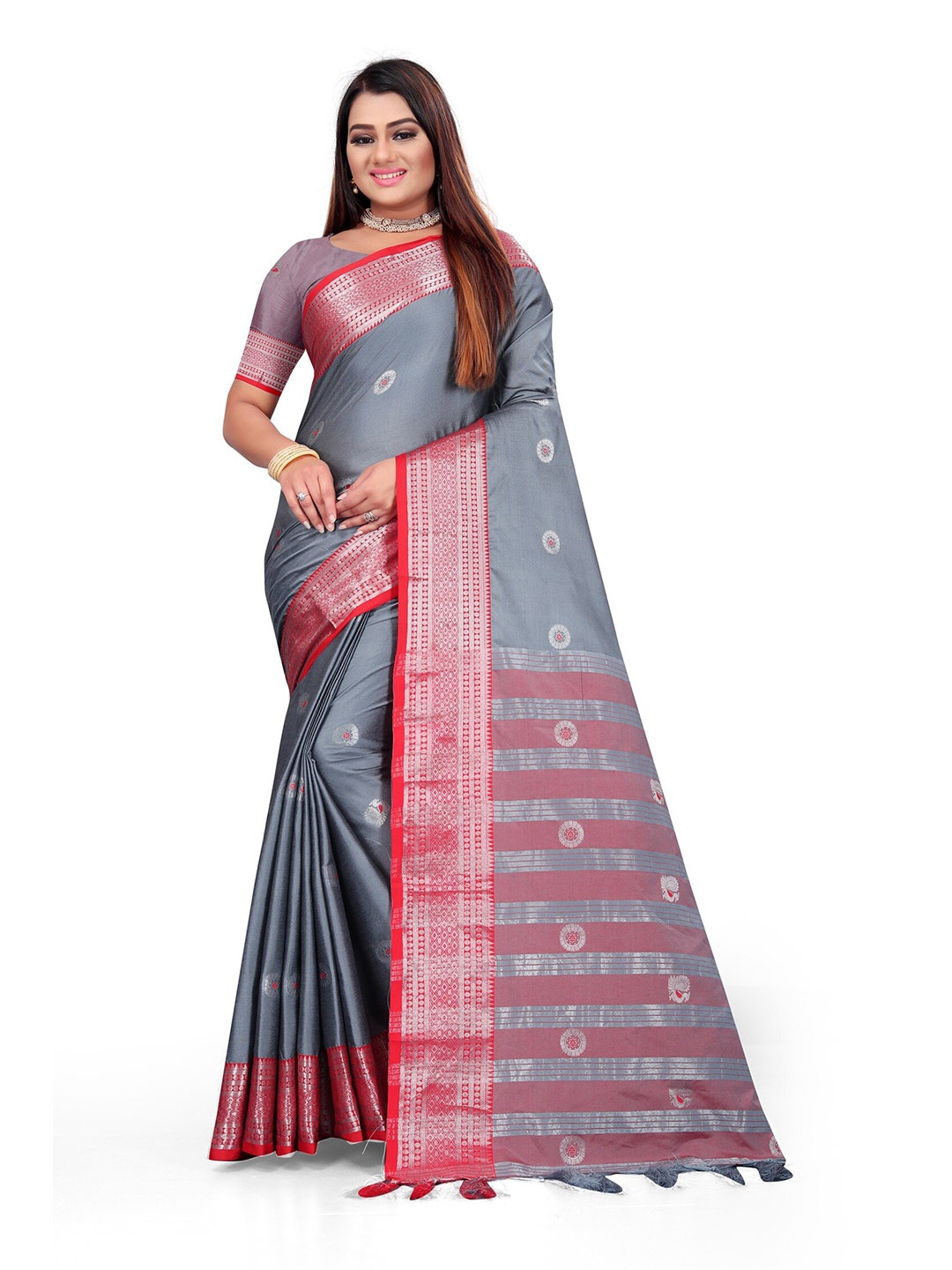 

Mitera Grey & Red Woven Design Zari Banarasi Saree