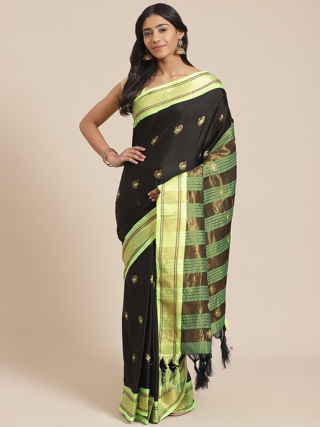

Mitera Black & Lime Green Ethnic Motifs Woven Design Zari Banarasi Saree
