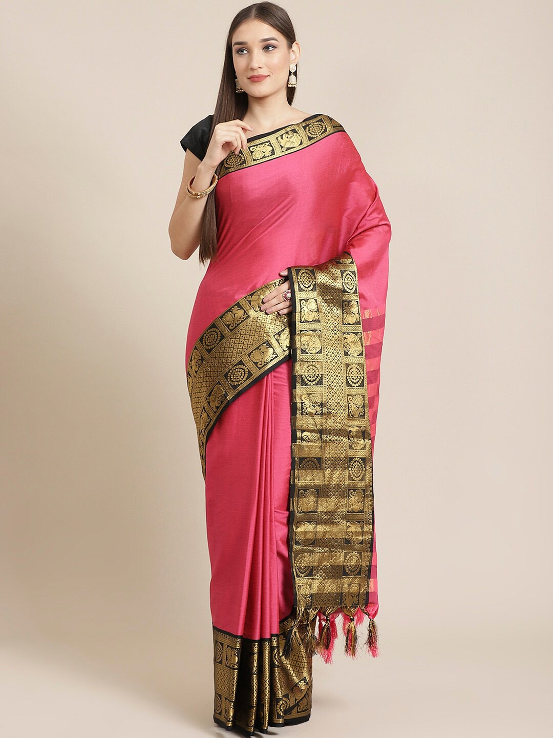 

Mitera Pink & Black Ethnic Motifs Woven Design Zari Banarasi Saree
