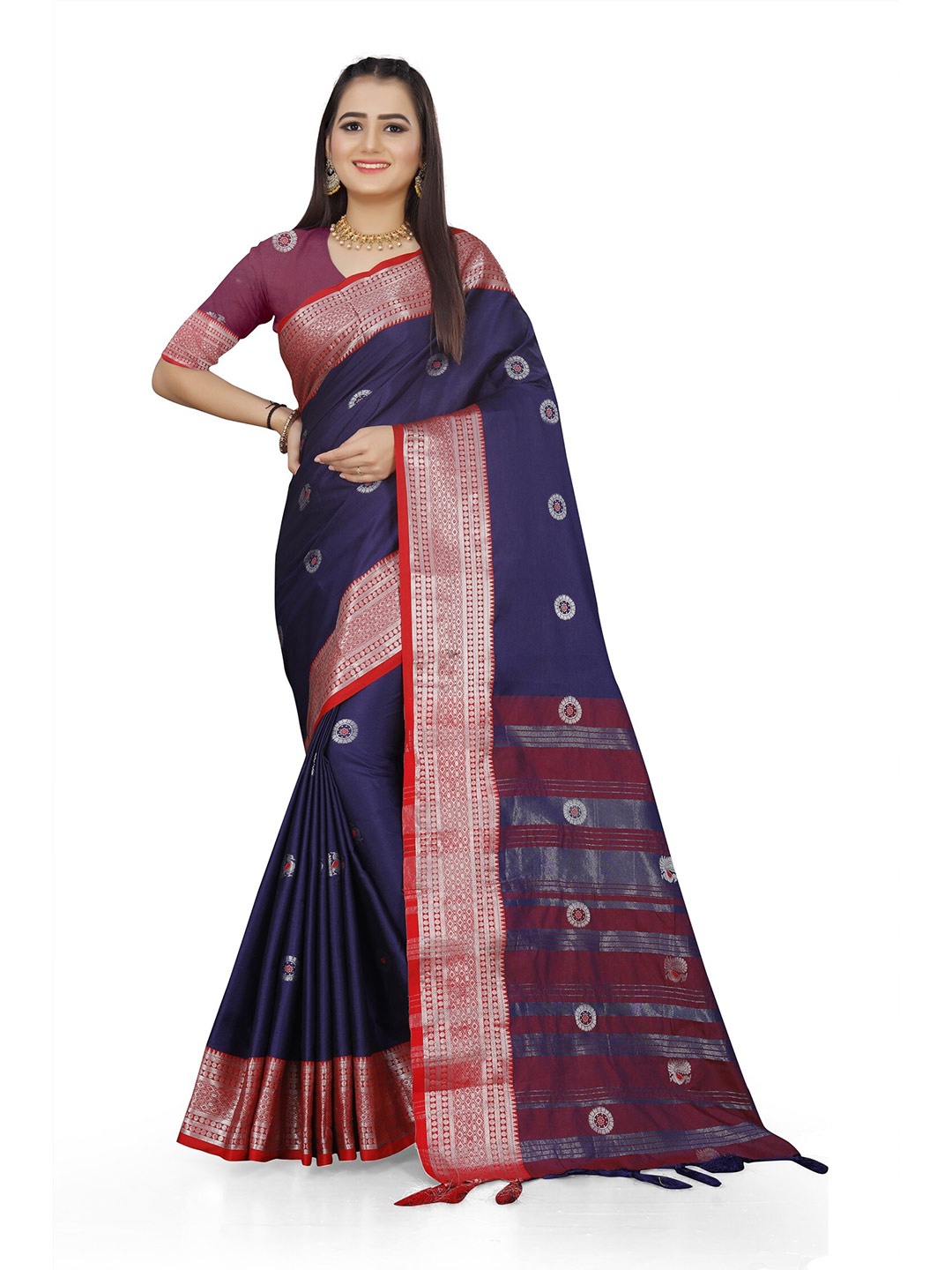 

Mitera Blue & Red Ethnic Motifs Woven Design Zari Banarasi Saree