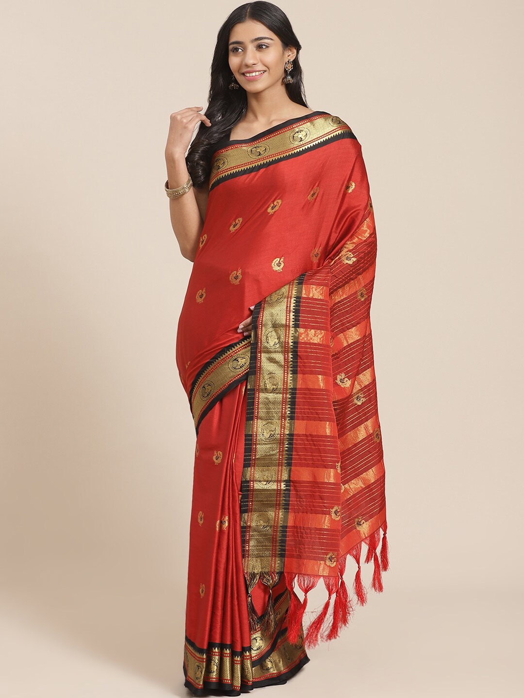 

Mitera Ethnic Motifs Woven Design Zari Silk Cotton Banarasi Saree, Red