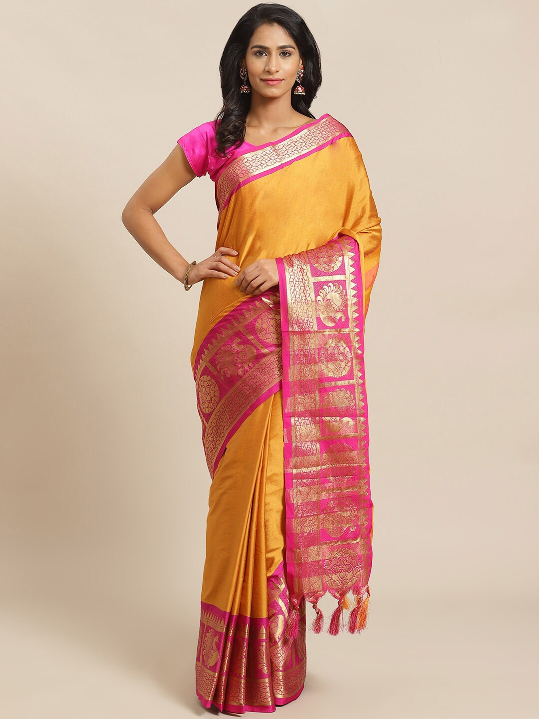 

Mitera Yellow & Pink Zari Banarasi Saree, Mustard