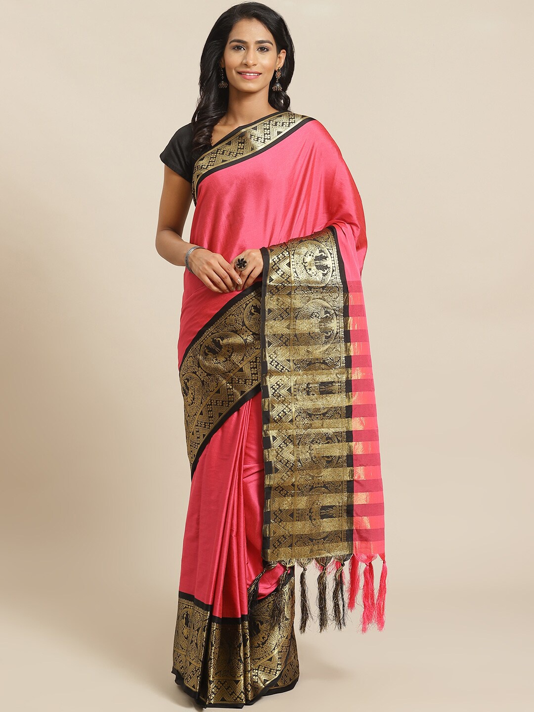 

Mitera Pink & Black Woven Designed Zari Banarasi Saree