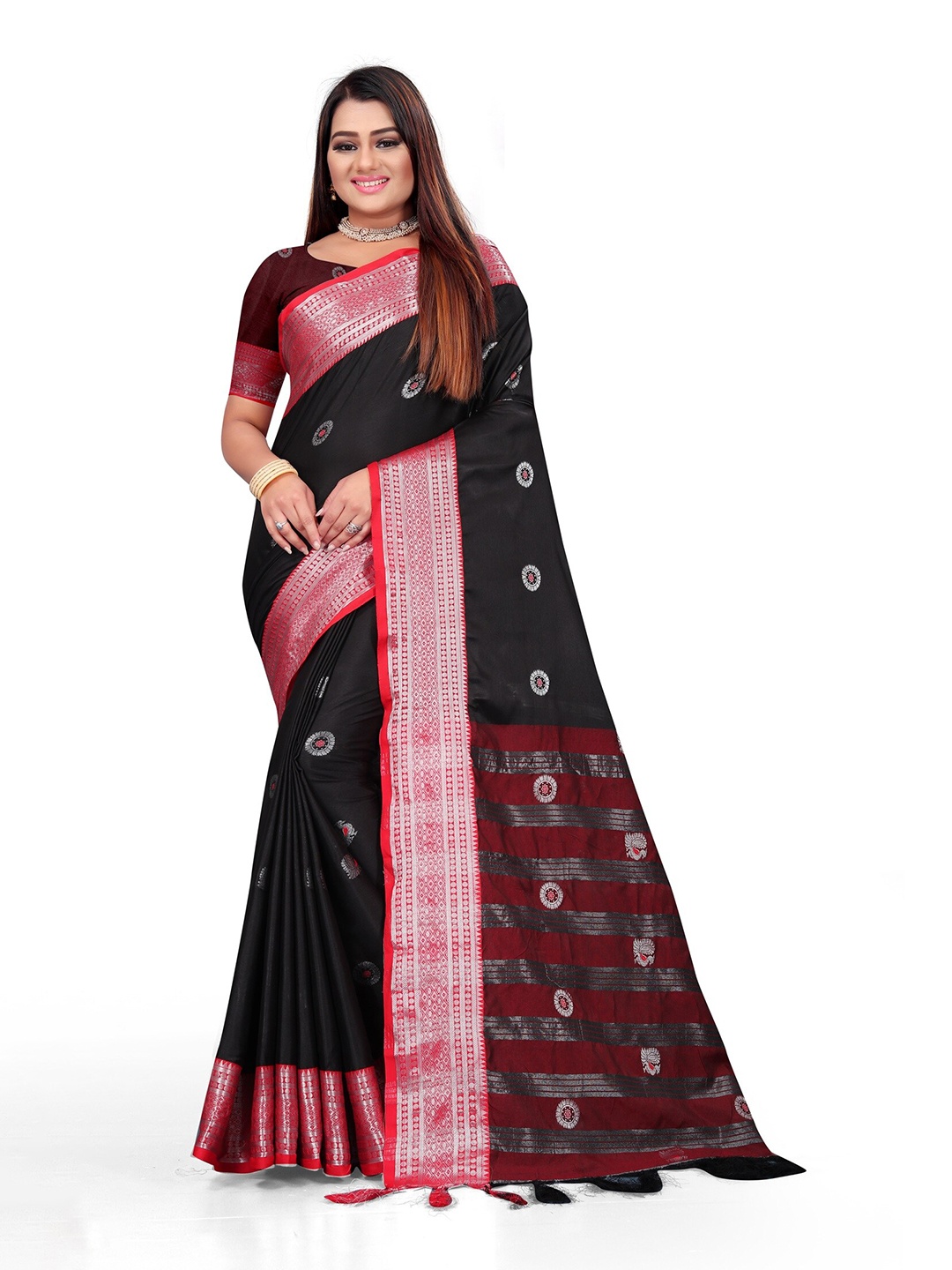 

Mitera Black & Red Ethnic Motifs Zari Saree
