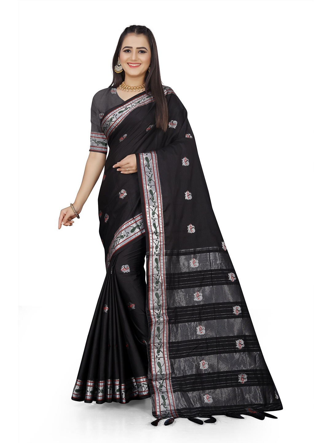 

Mitera Black & Silver-Toned Ethnic Motif Woven Design Zari Cotton Silk Banarasi Saree