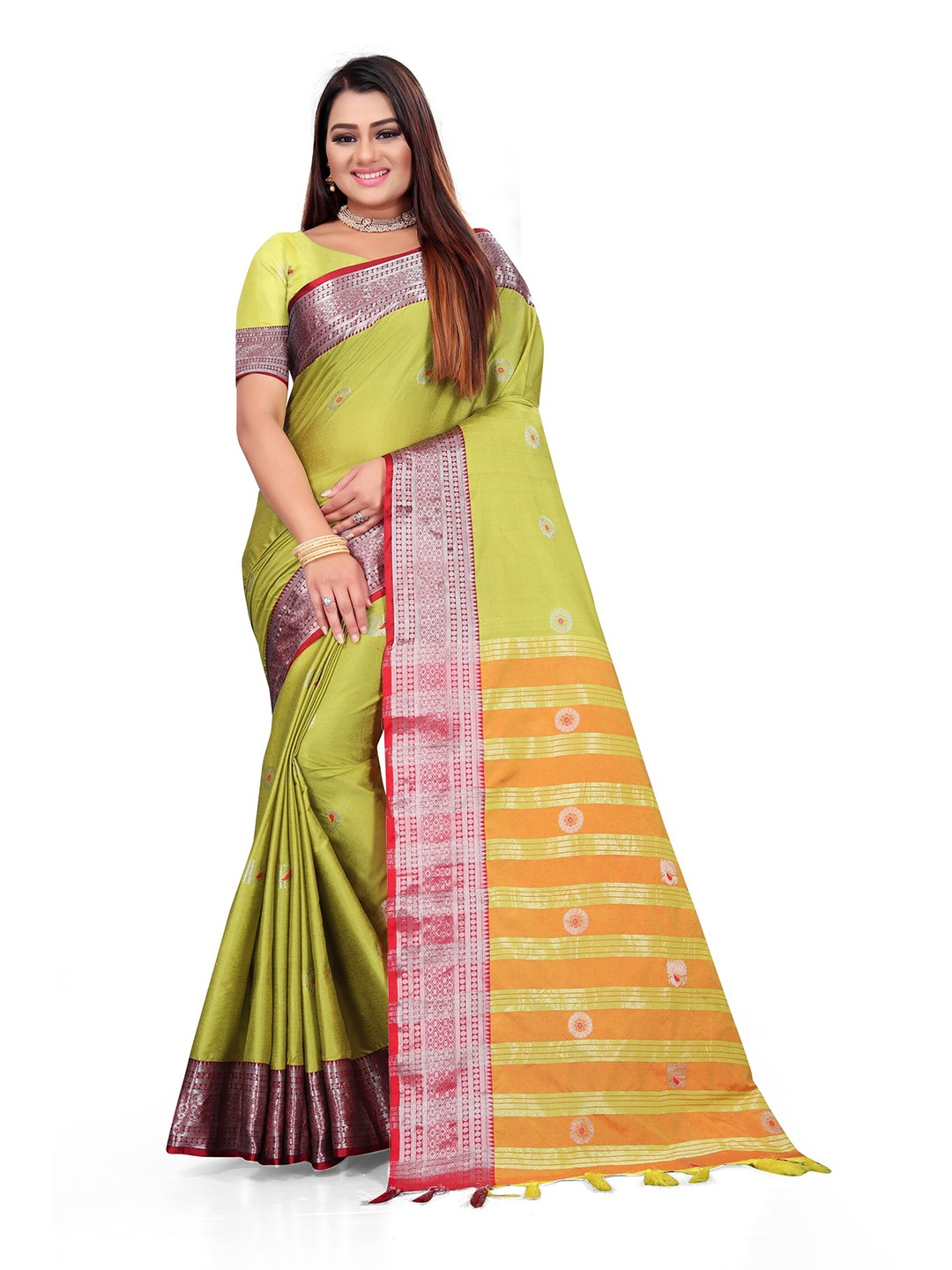 

Mitera Yellow & Red Ethnic Motifs Woven Design Zari Detail Saree