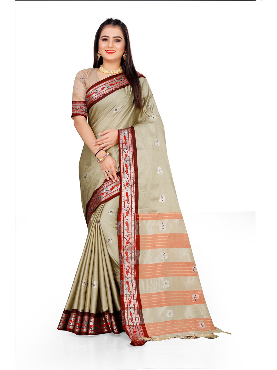 

Mitera Beige & Maroon Ethnic Motif Zari Cotton Silk Banarasi Saree