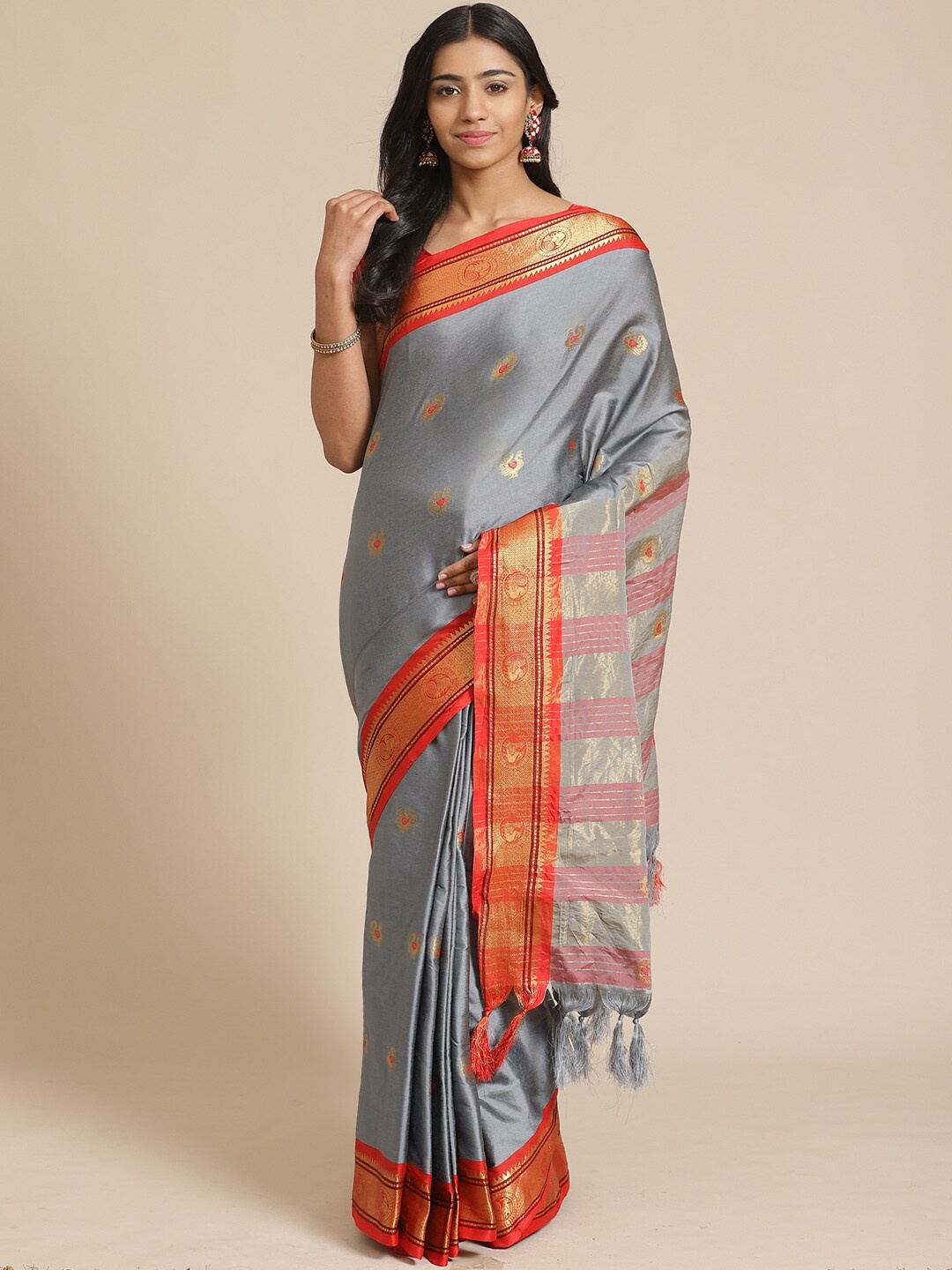 

Mitera Grey & Red Ethnic Motifs Zari Saree