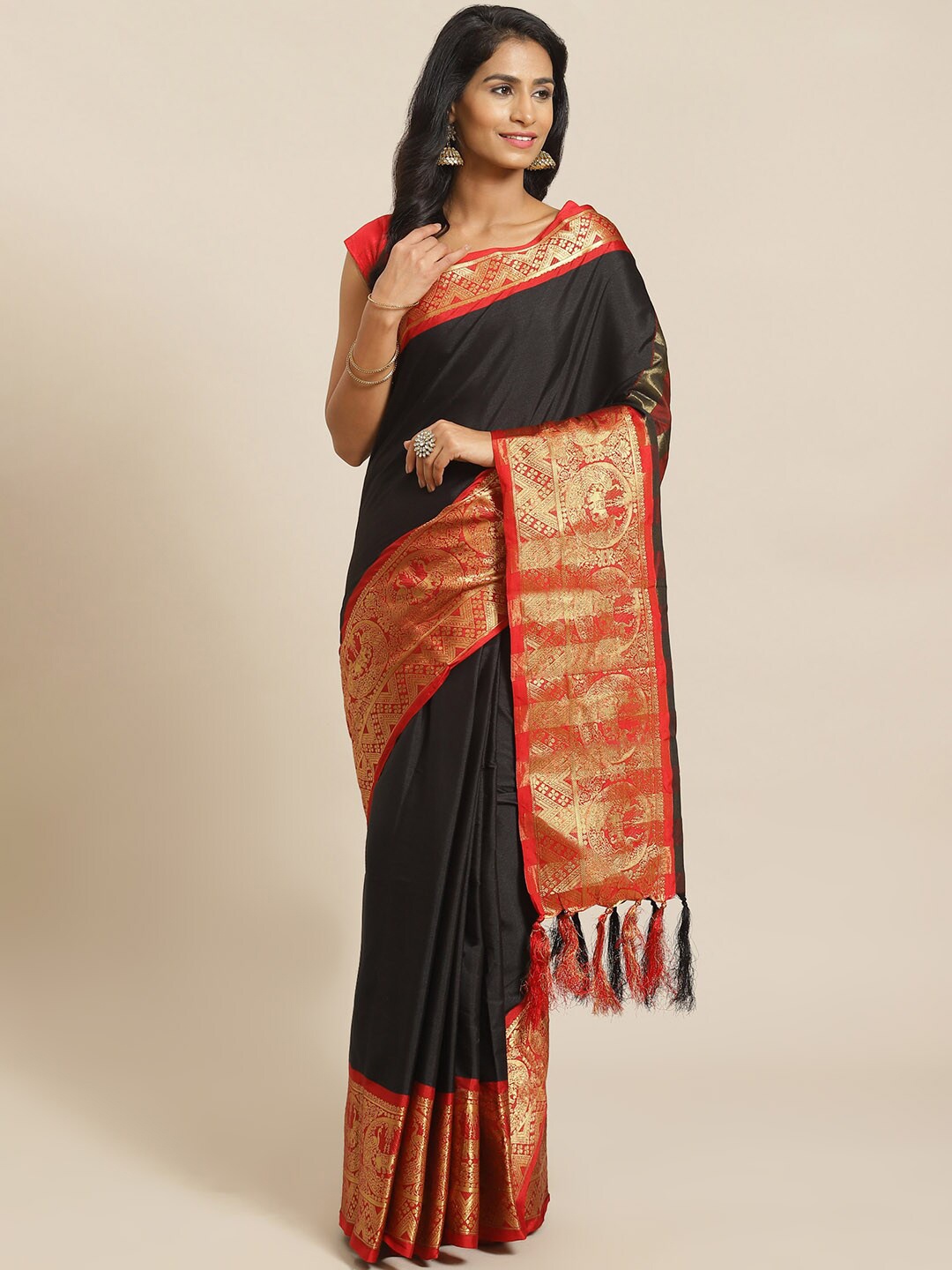 

Mitera Black & Red Ethnic Motif Zari Cotton Silk Banarasi Saree