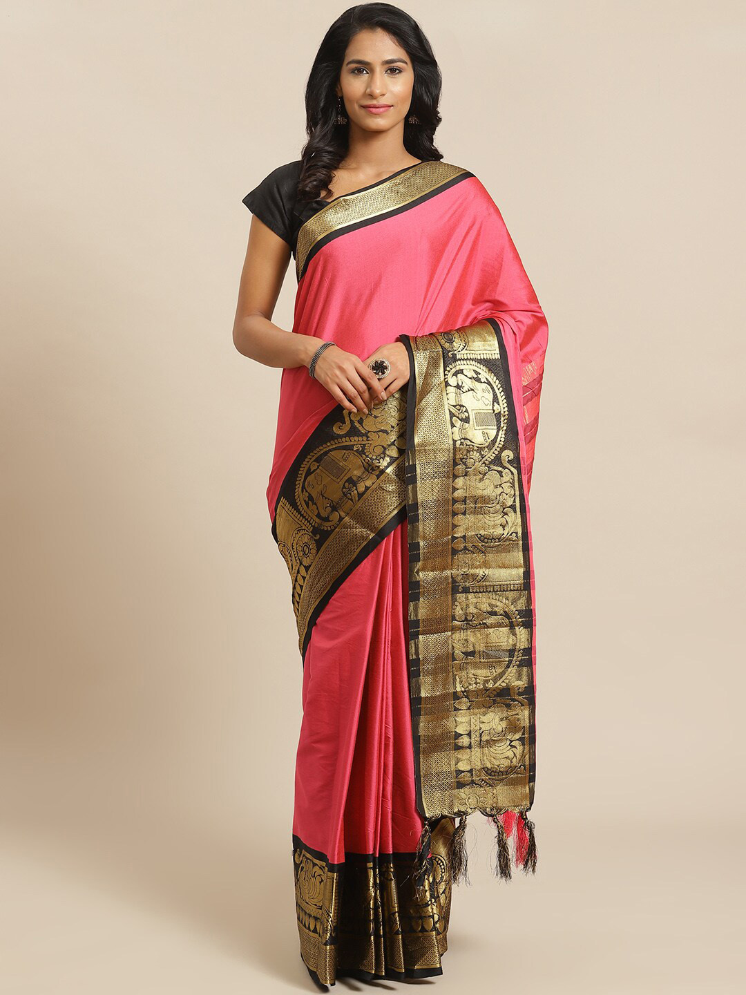 

Mitera Pink & Black Zari Banarasi Saree