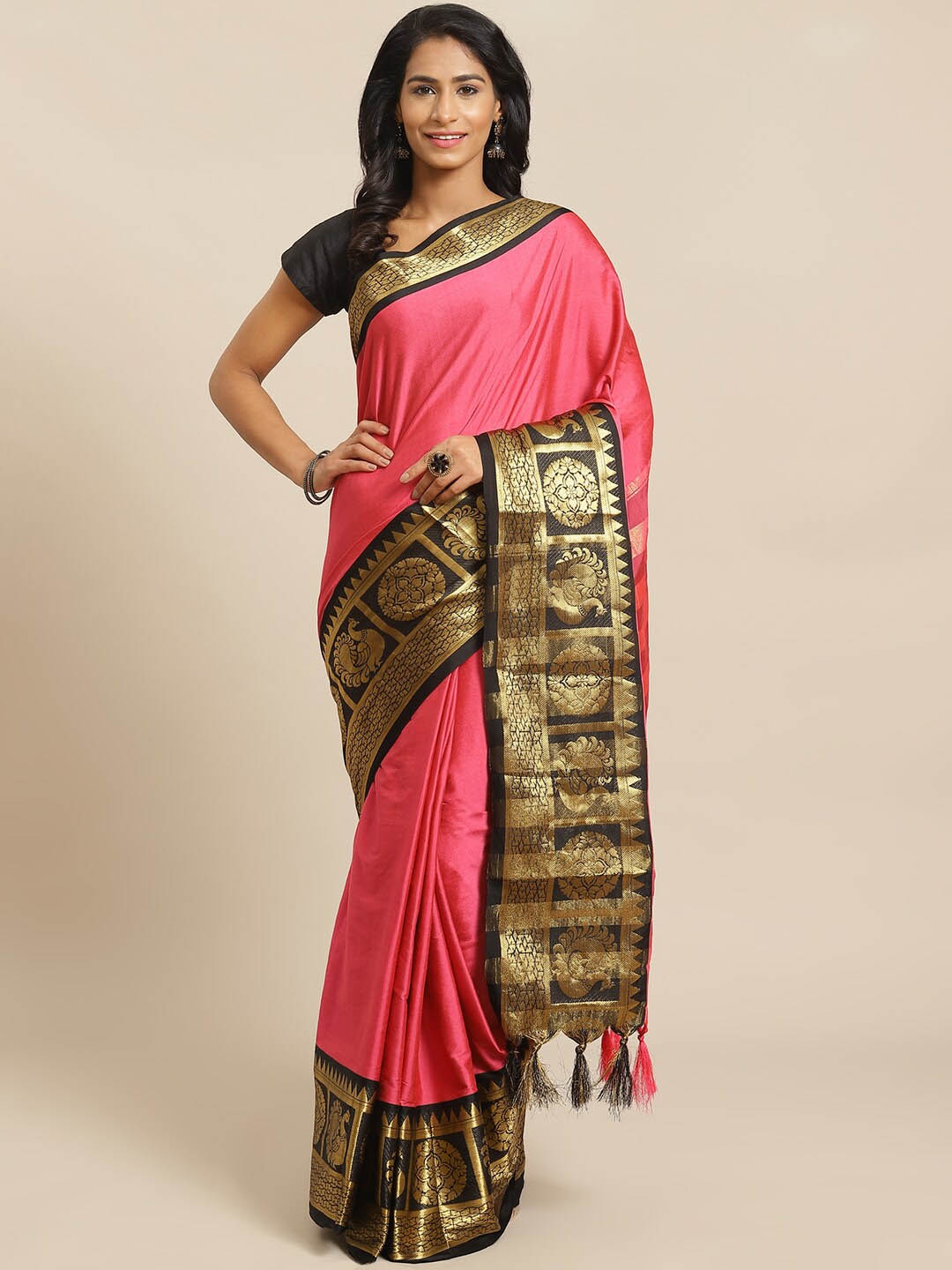 

Mitera Pink & Black Zari Banarasi Saree