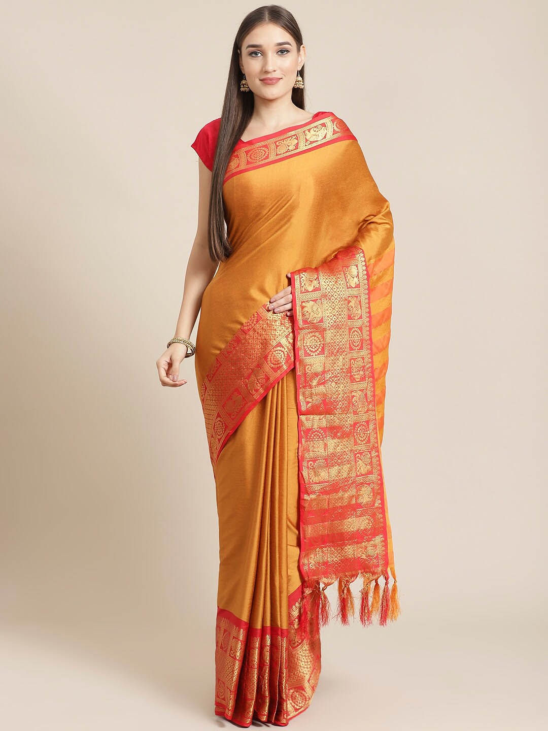 

Mitera Mustard Yellow & Red Ethnic Motif Zari Cotton Silk Banarasi Saree