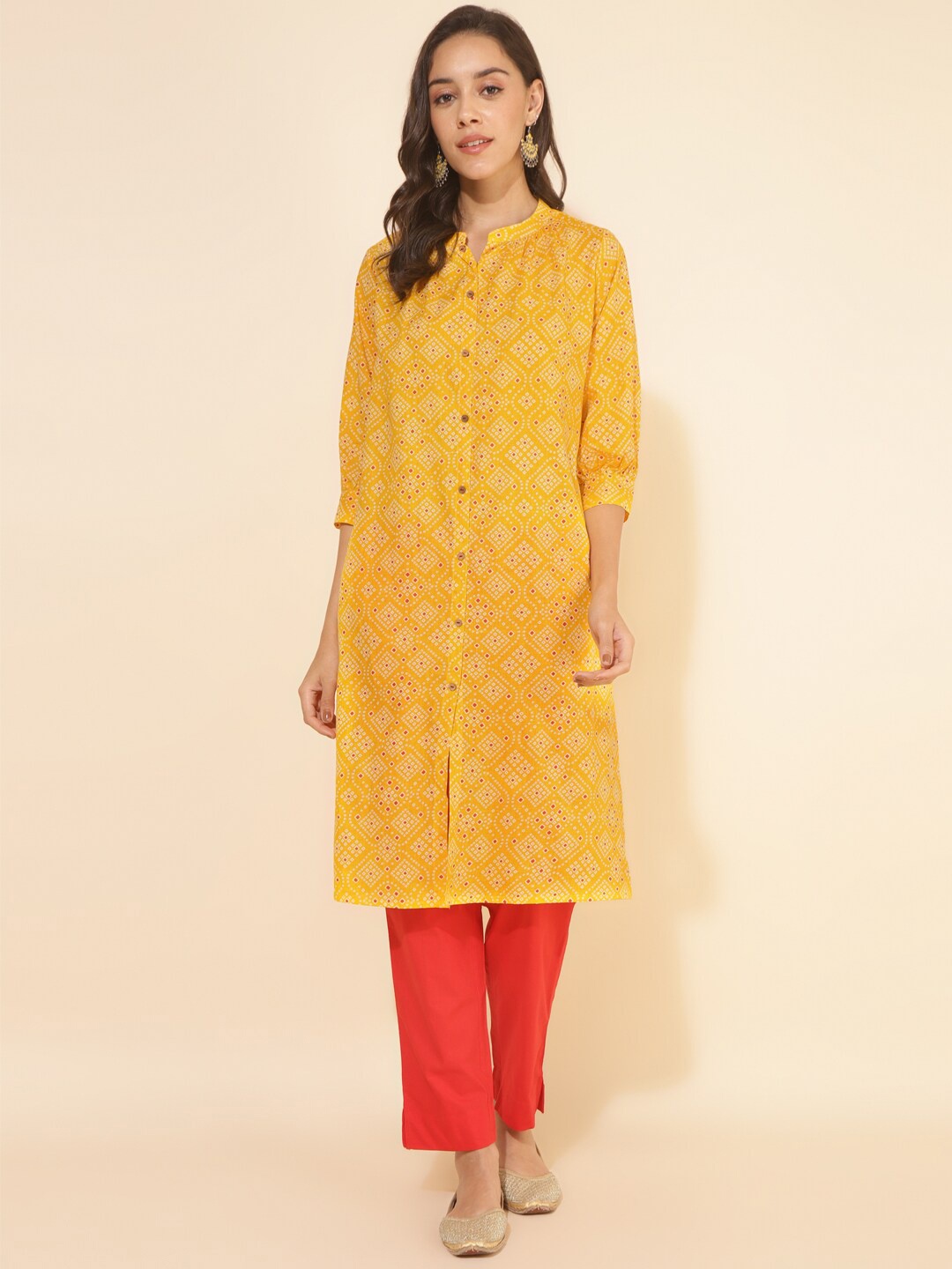 

Janasya Bandhani Printed Mandarin Collar Cotton A-Line Kurta, Yellow