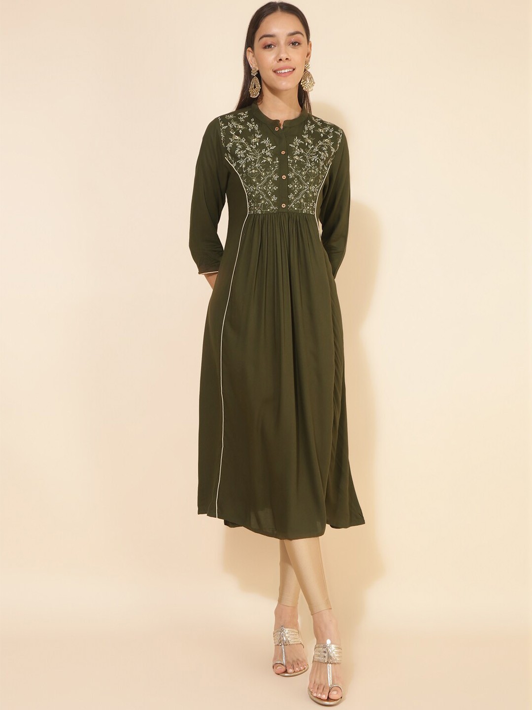 

Janasya Floral Embroidered Thread Work Mandarin Collar Anarkali Kurta, Olive