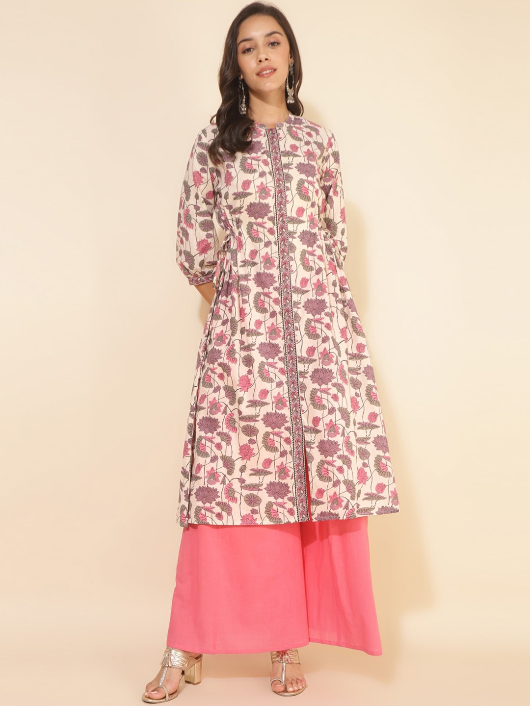 

Janasya Floral Printed Mandarin Collar High Slit Cotton A-Line Kurta, Beige
