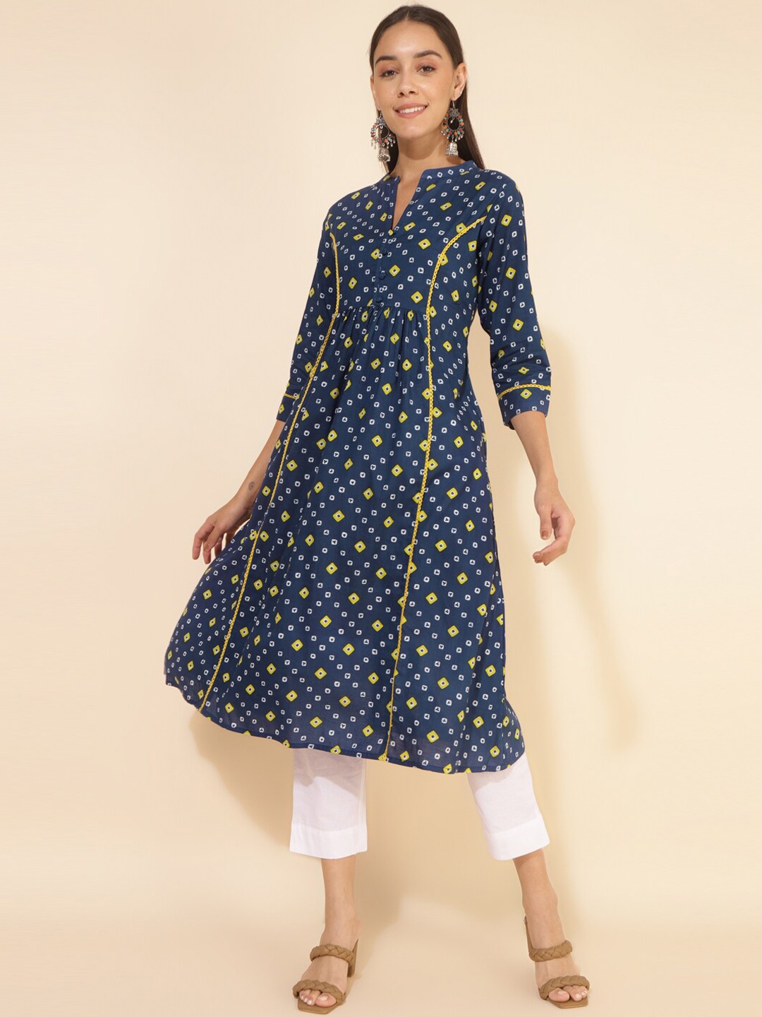 

Janasya Bandhani Printed Mandarin Collar Cotton A-Line Kurta, Blue