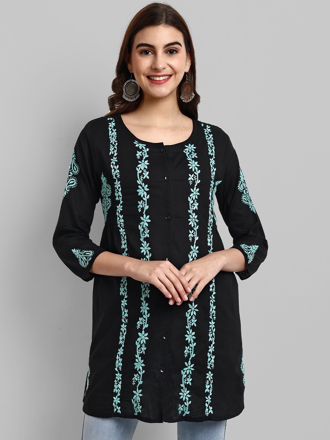 

ADA Ethnic Motifs Lucknowi Chikankari Embroidered Pure Cotton Kurti, Black