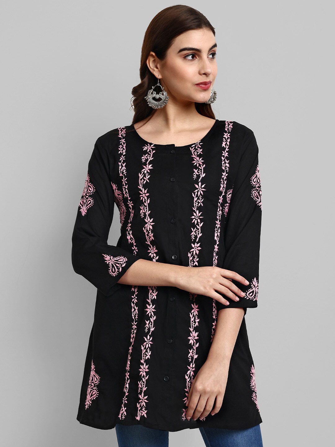 

ADA Ethnic Motifs Embroidered Chikankari Pure Cotton A-Line Kurti, Black