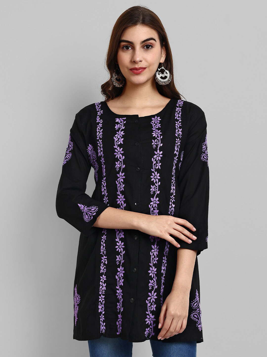 

ADA Ethnic Motifs Lucknowi Chikankari Embroidered Pure Cotton Kurti, Black