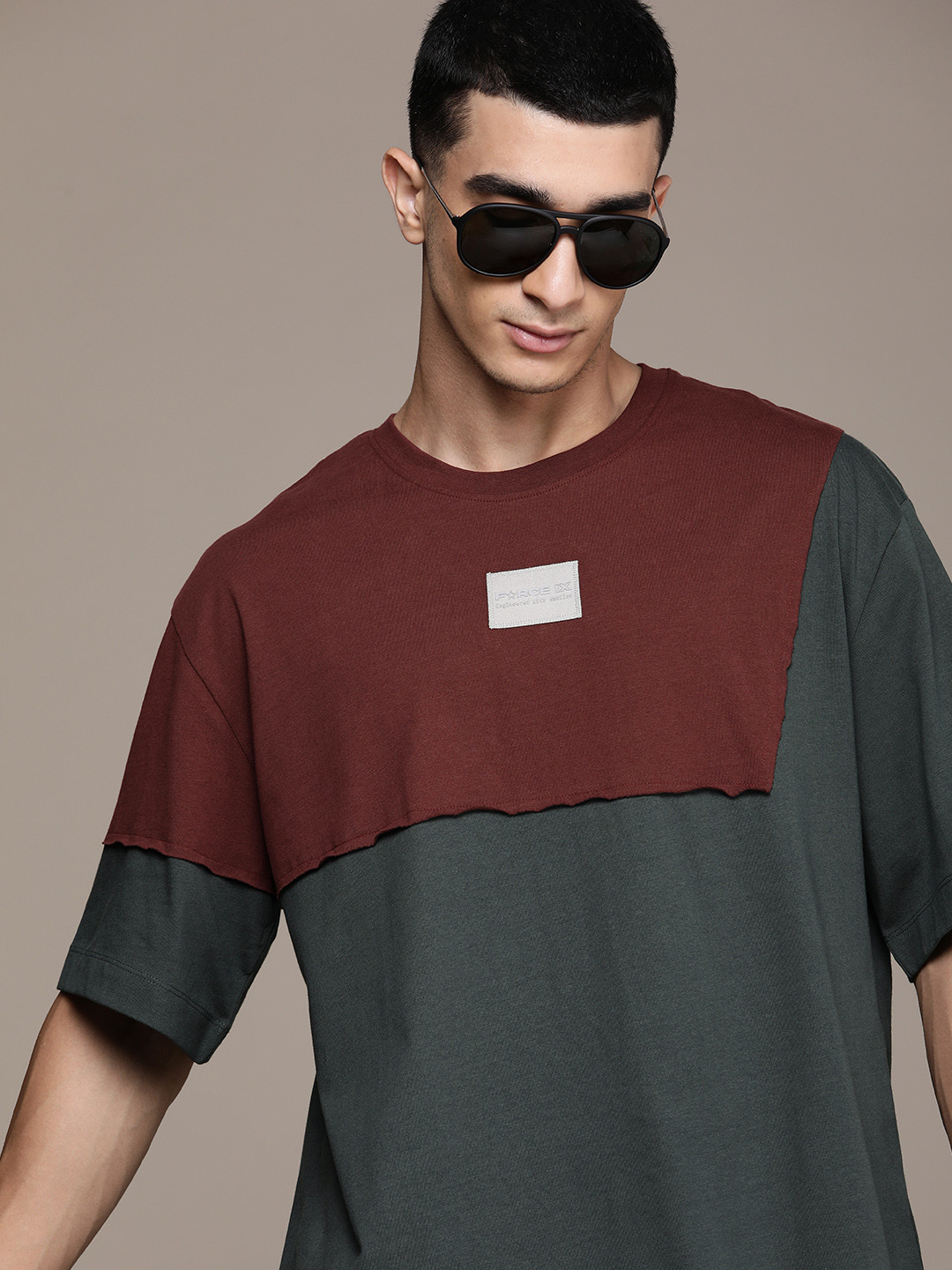 

FORCE IX Colourblocked Drop-Shoulder Sleeves Pure Cotton Oversized T-shirt, Grey