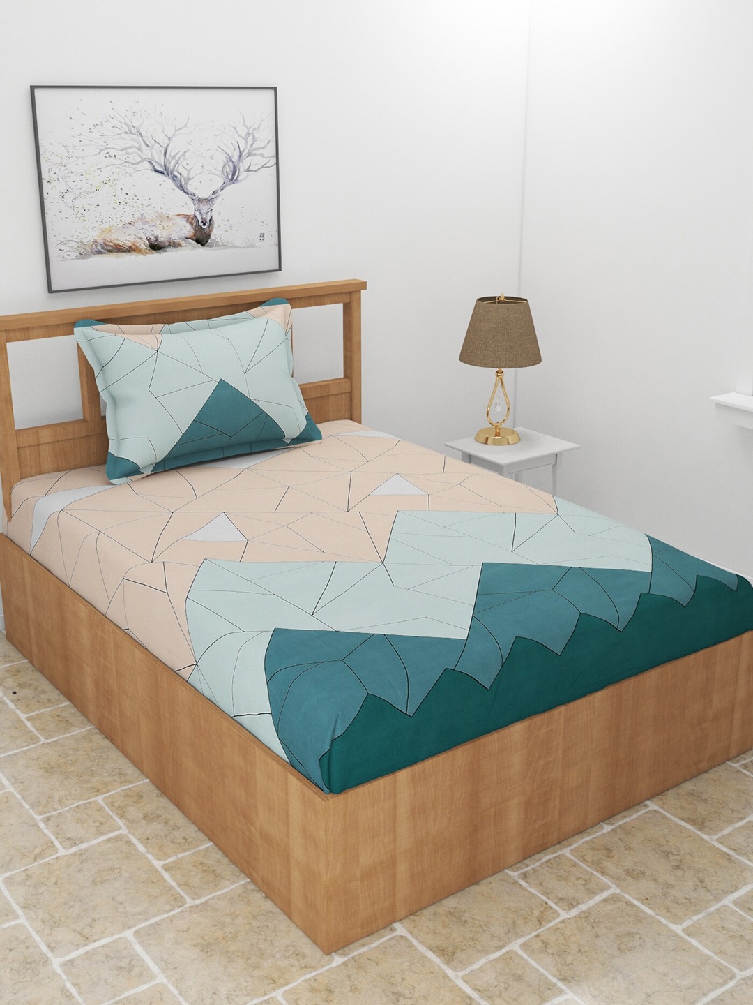 

BREVARD Peach-Coloured & Teal Geometric 210 TC Single Bedsheet With 1 Pillow Cover