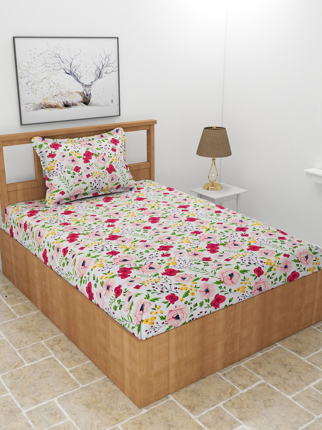 

BREVARD Pink & White Floral 210 TC Single Bedsheet with 1 Pillow Cover