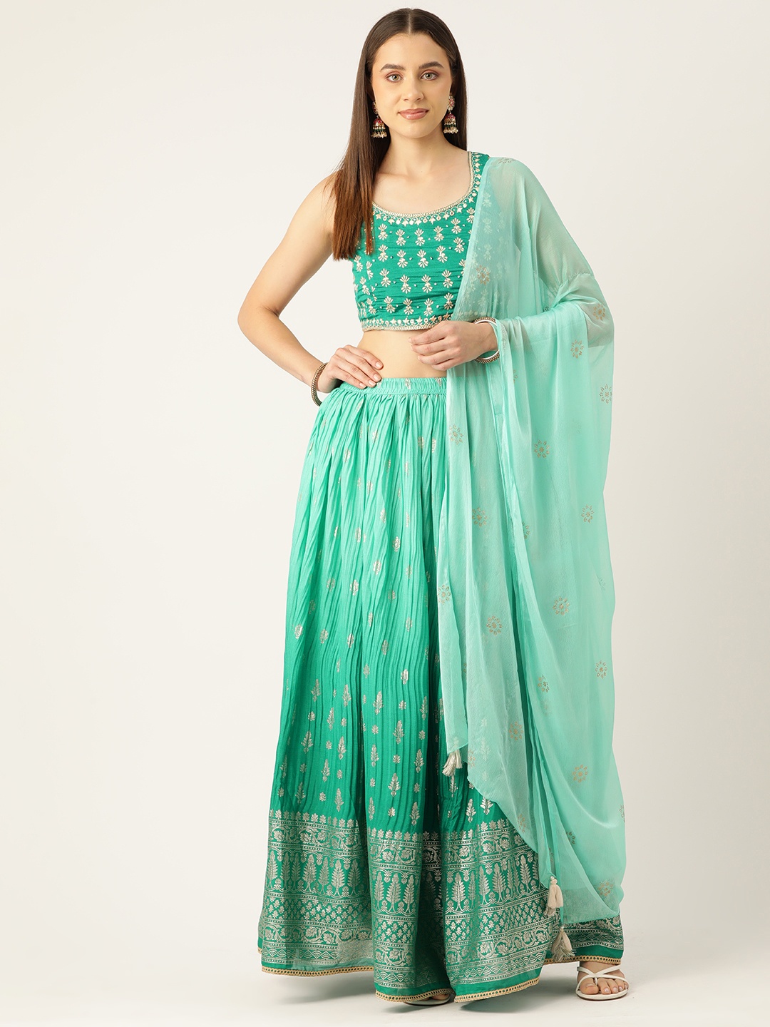 

Rue Collection Embroidered Sequinned Ready to Wear Lehenga & Blouse With Dupatta, Green