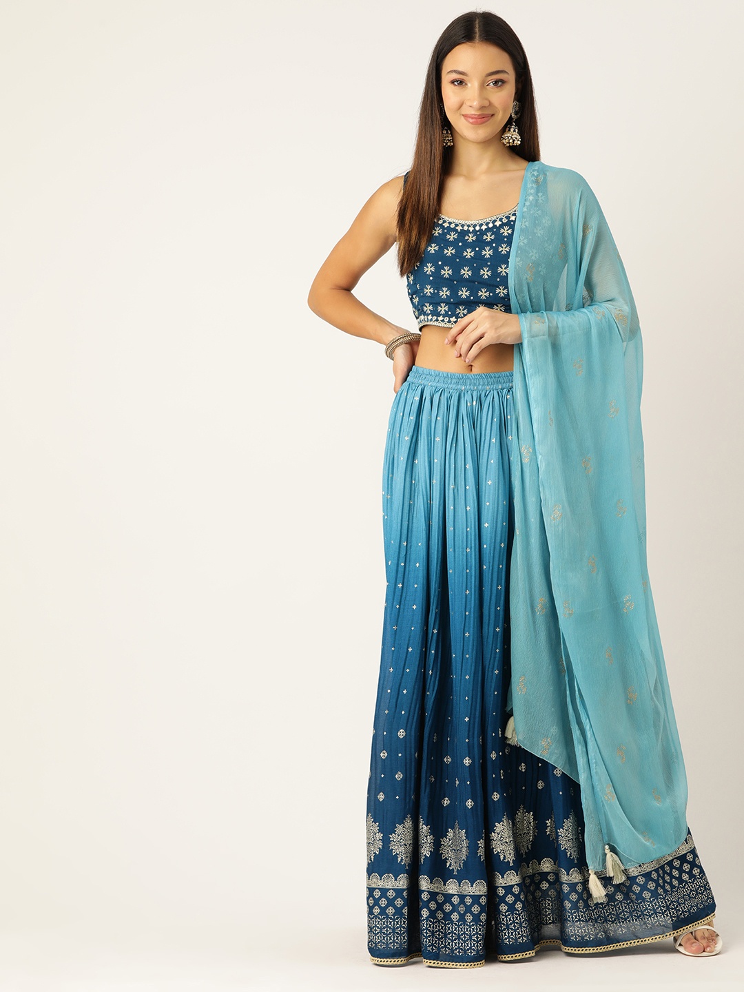 

Rue Collection Embroidered Sequinned Ready to Wear Lehenga & Blouse With Dupatta, Navy blue