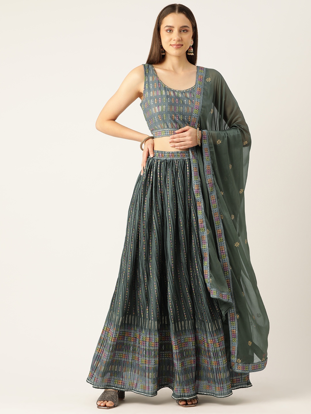 

Rue Collection Foil Printed Sequinned Ready to Wear Lehenga & Blouse With Dupatta & Potli, Olive