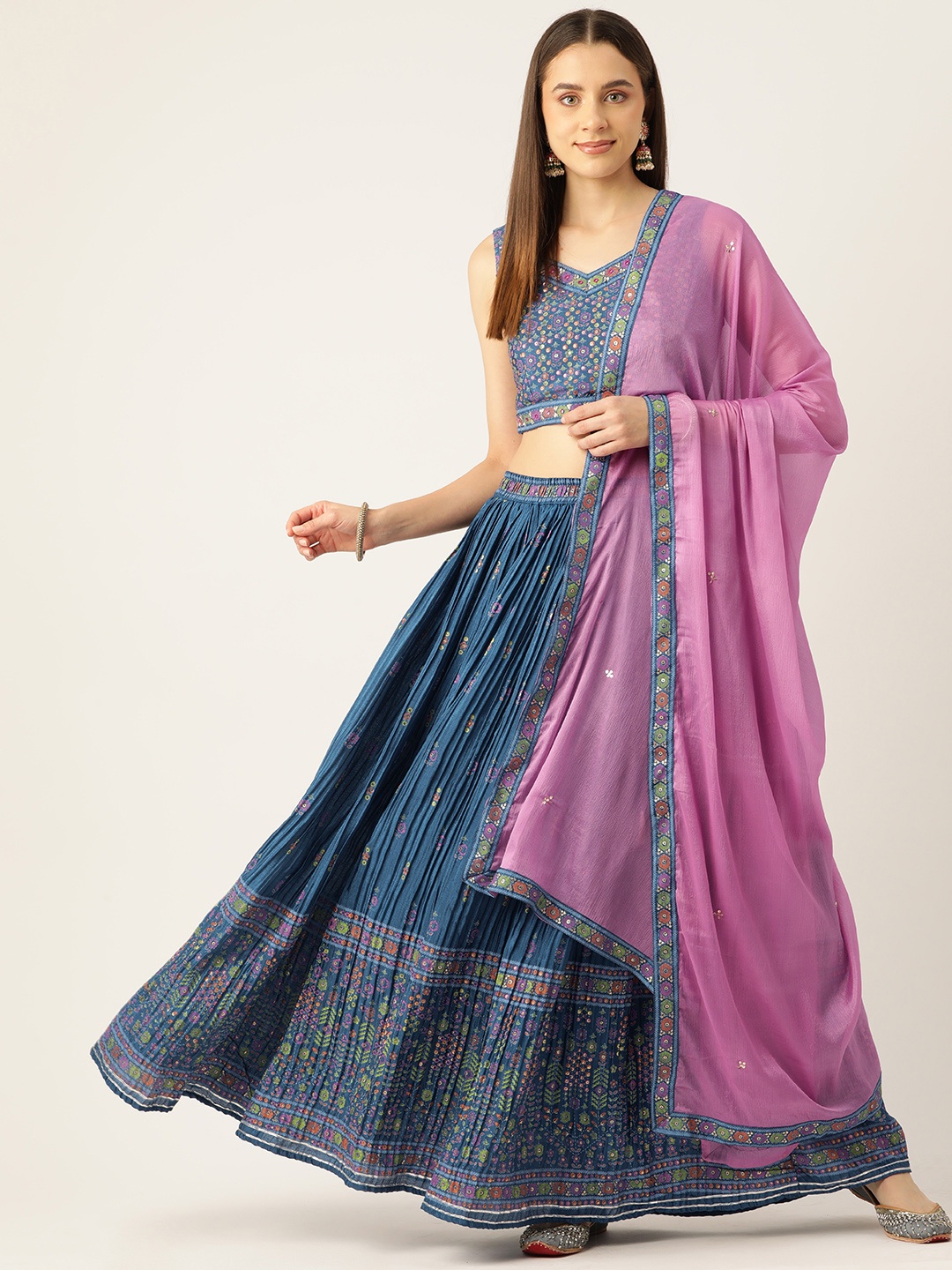 

Rue Collection Foil Printed Mirror Work Ready to Wear Lehenga & Blouse Dupatta, Blue