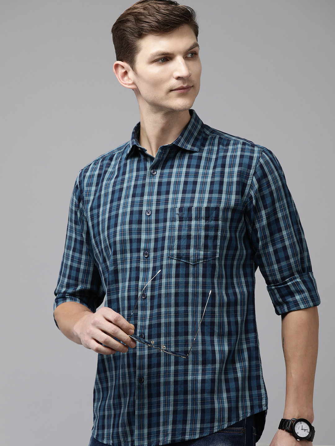 

Park Avenue Slim Fit Checked Pure Cotton Casual Shirt, Blue