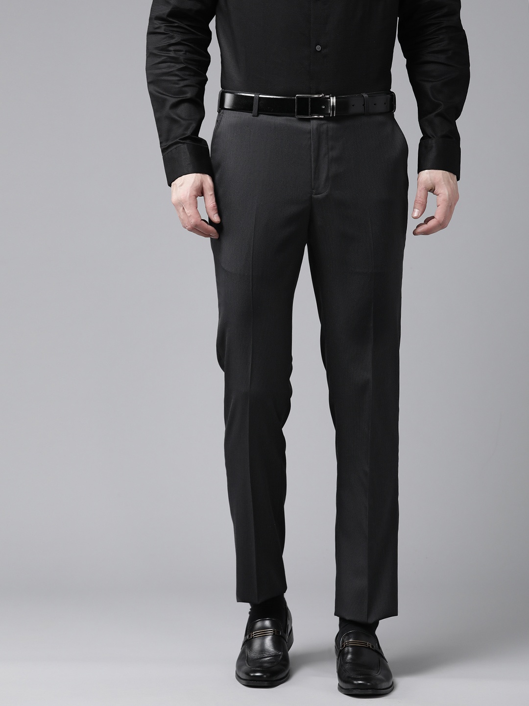 

Park Avenue Men Self-Striped Smart Slim Fit Low-Rise Trousers, Black