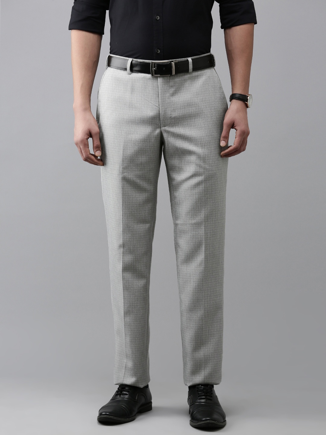 

Park Avenue Men Checked Smart Slim Fit Formal Trousers, Grey