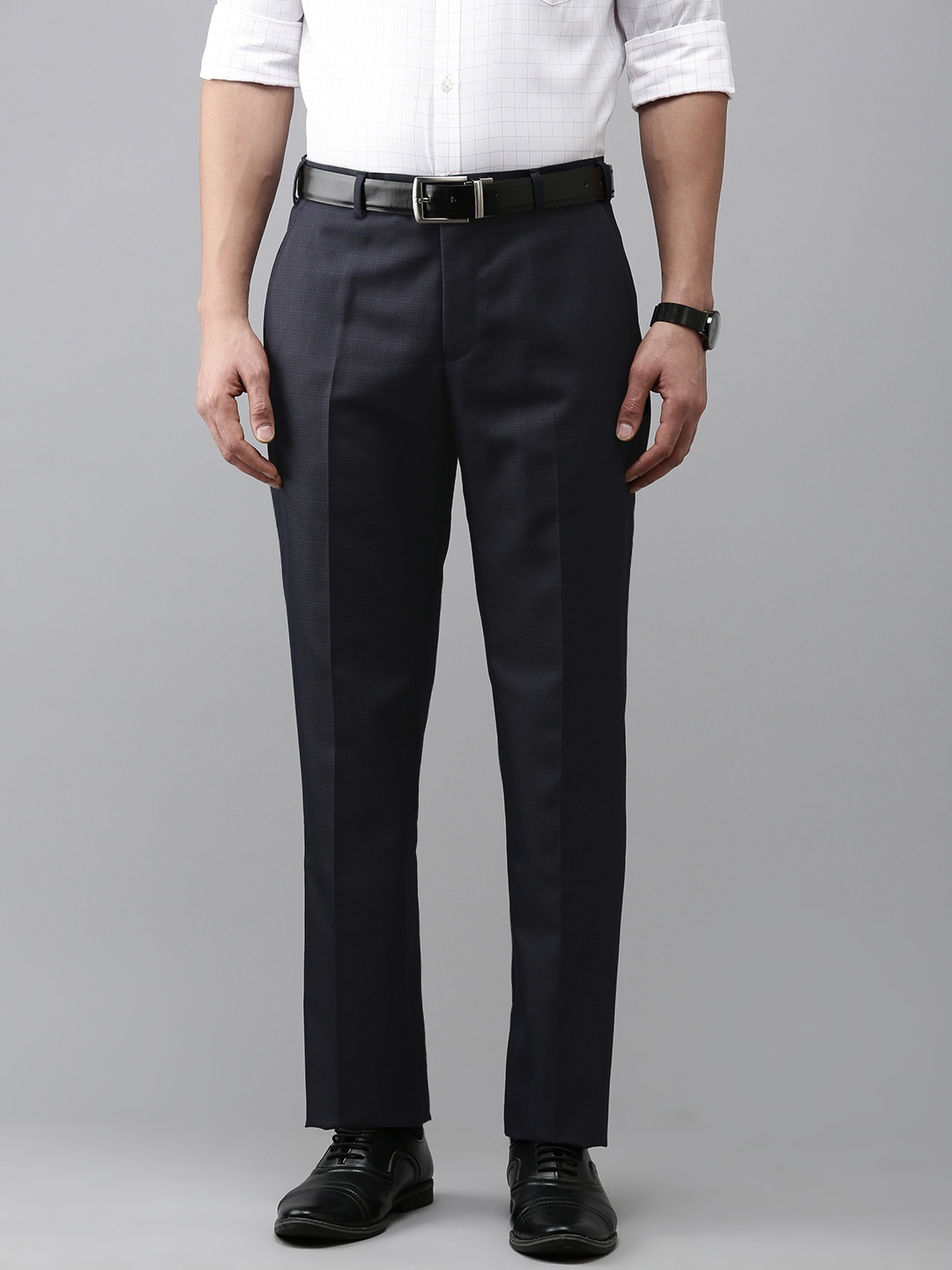 

Park Avenue Men Textured Smart Slim Fit Formal Trousers, Navy blue