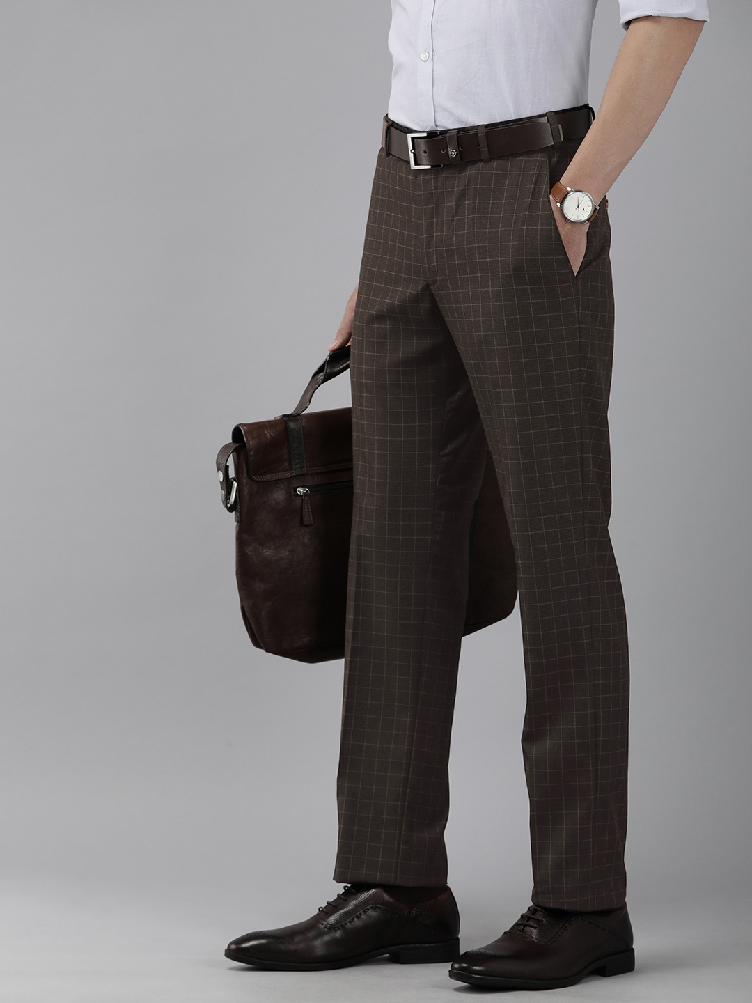 

Park Avenue Men Checked Smart Slim Fit Trousers, Brown