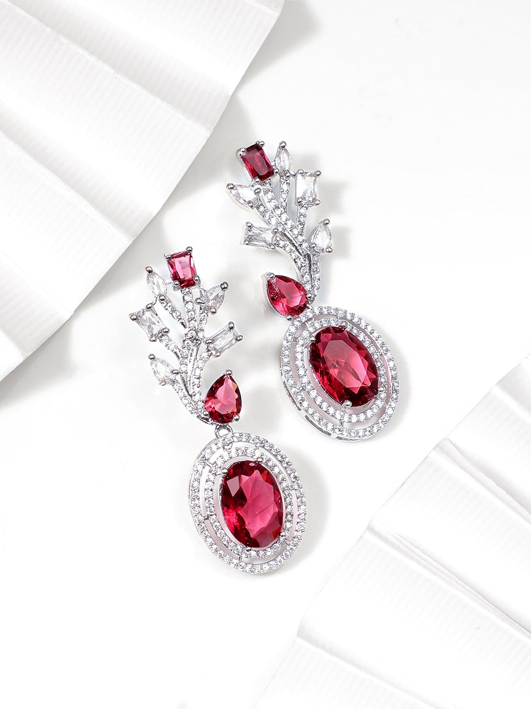 

Rubans Rhodium Plated Ruby & Cubic Zirconia Studded Drop Earrings, Silver