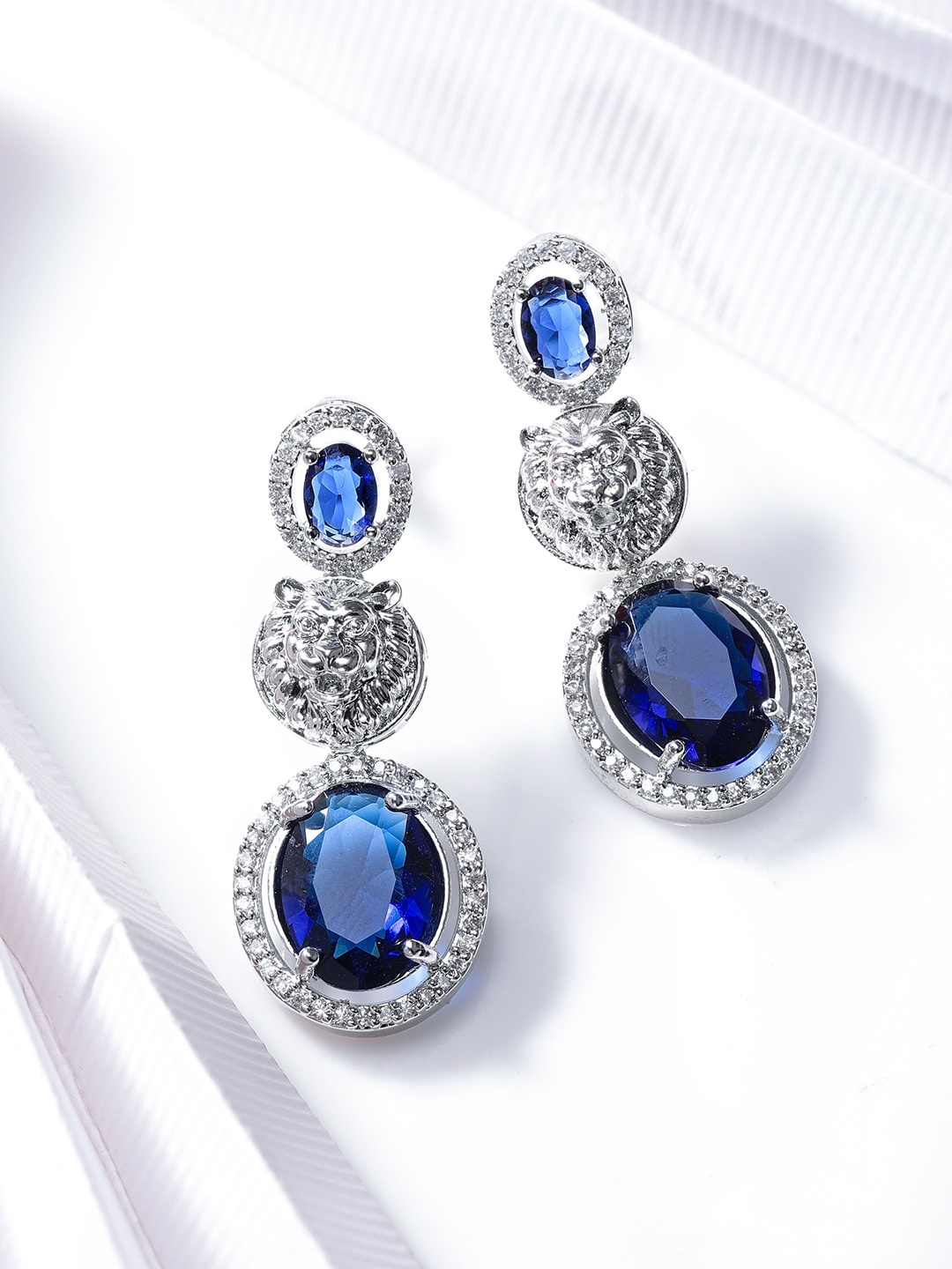 

Rubans Rhodium Plated Sapphire & Cubic Zirconia Studded Drop Earrings, Silver
