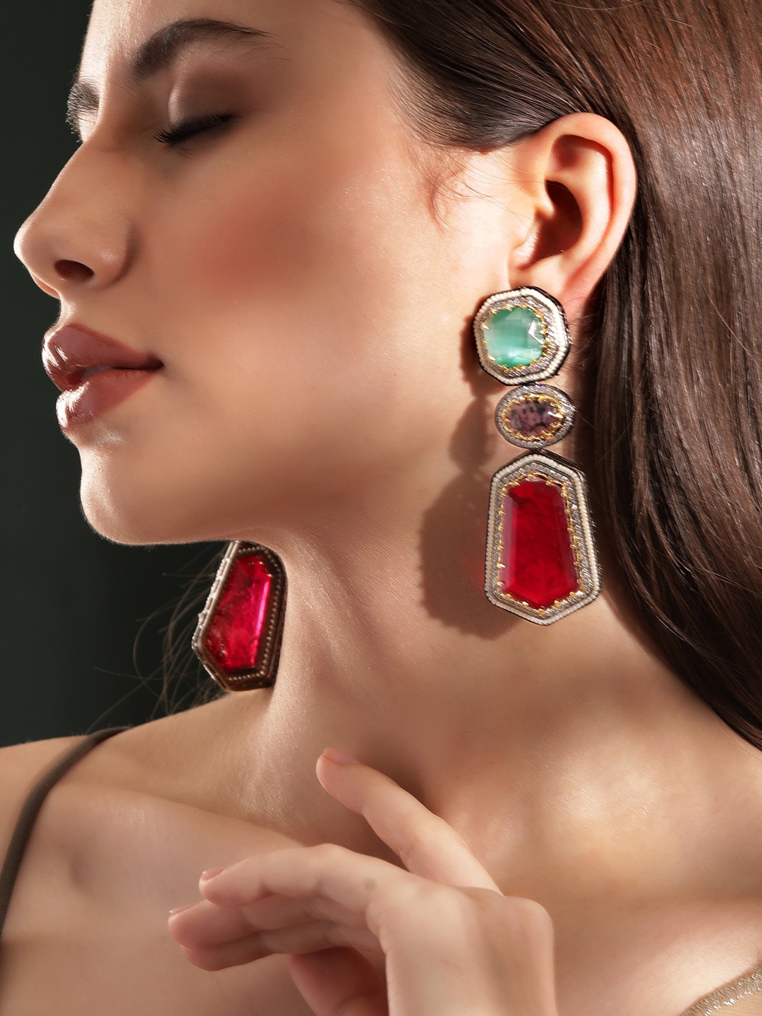

Rubans Gold-Plated Ruby Doublet & Cubic Zirconia Studded Geometric Drop Earrings