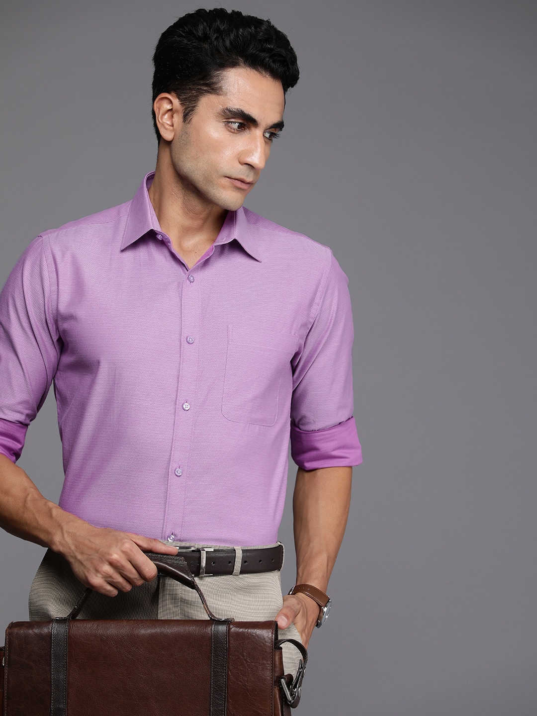 

Raymond Pure Cotton Self Design Slim Fit Textured Formal Shirt, Violet