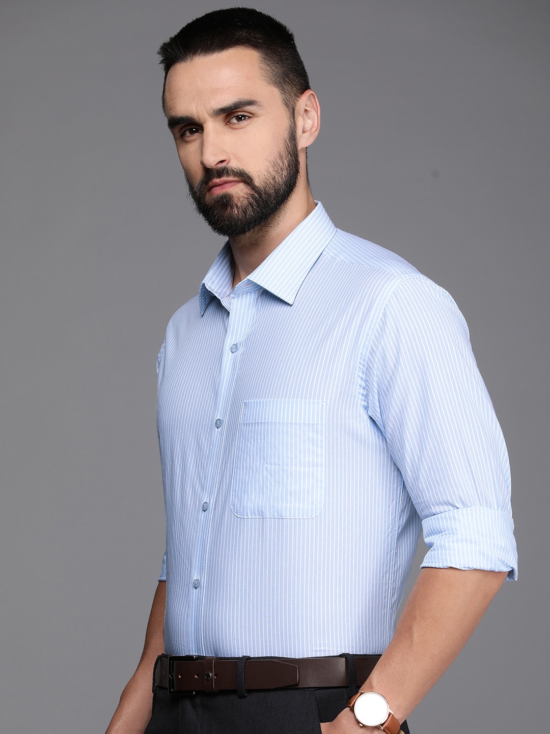 

Raymond Slim Fit Opaque Pure Cotton Striped Formal Shirt, Blue