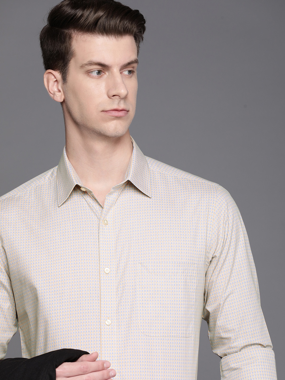 

Raymond Men Pure Cotton Self Design Slim Fit Formal Shirt, Beige