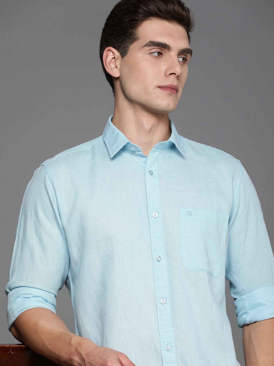 

Raymond Men Blue Self Design Slim Fit Cotton Linen Casual Shirt
