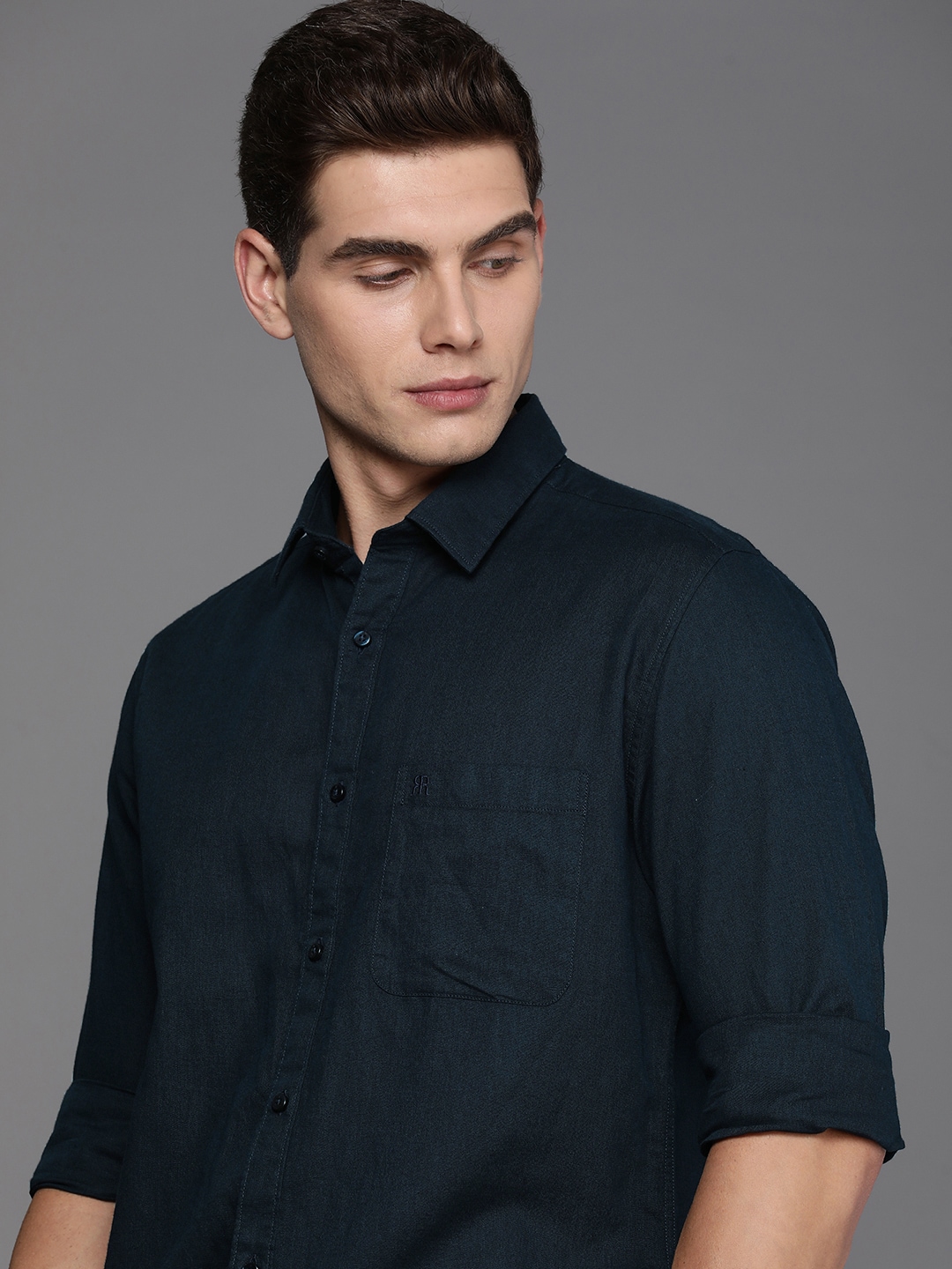 

Raymond Self Design Slim Fit Linen Cotton Casual Shirt, Navy blue