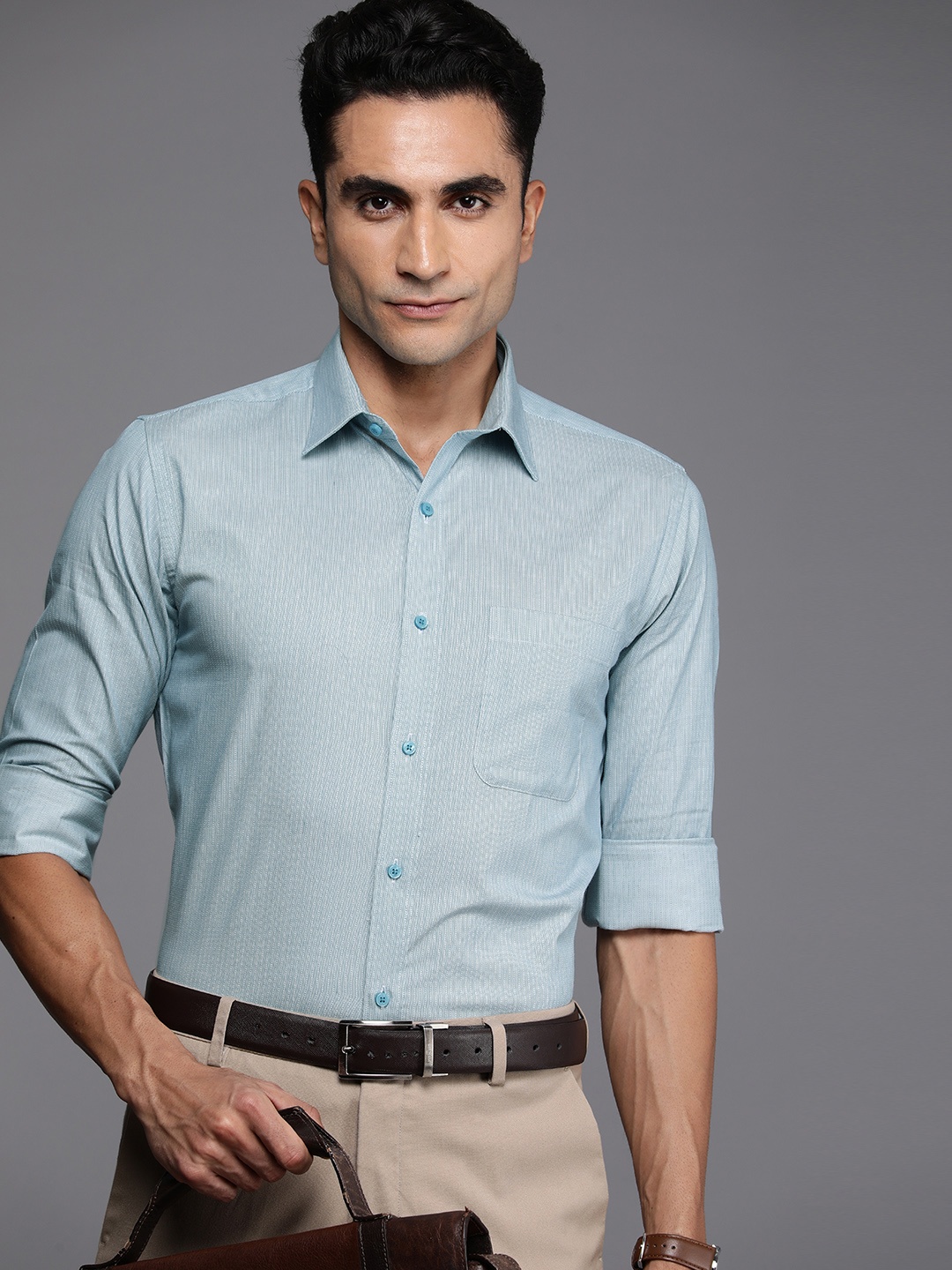 

Raymond Pure Cotton Self Design Slim Fit Textured Formal Shirt, Blue