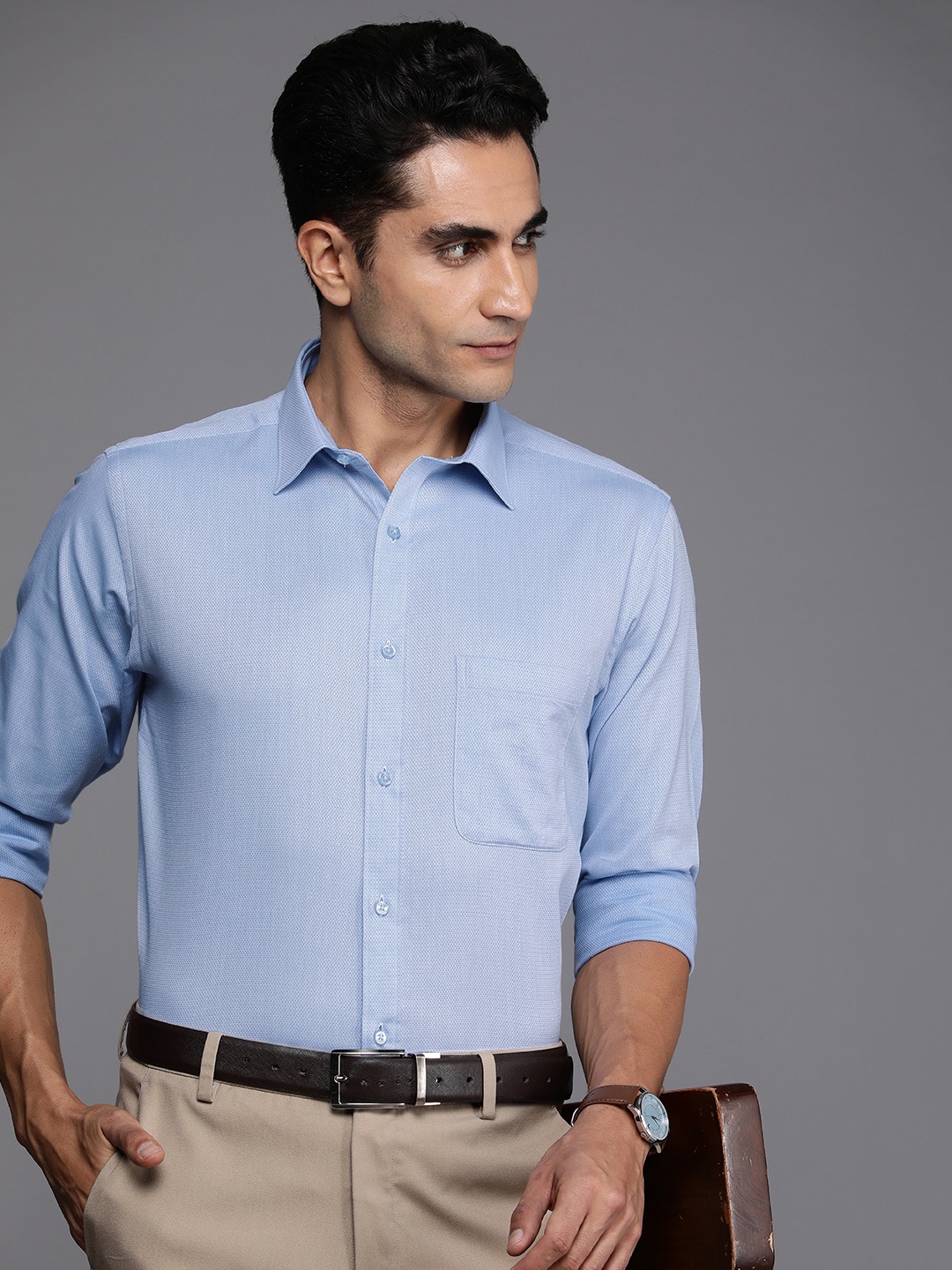 

Raymond Pure Cotton Self Design Slim Fit Textured Formal Shirt, Blue