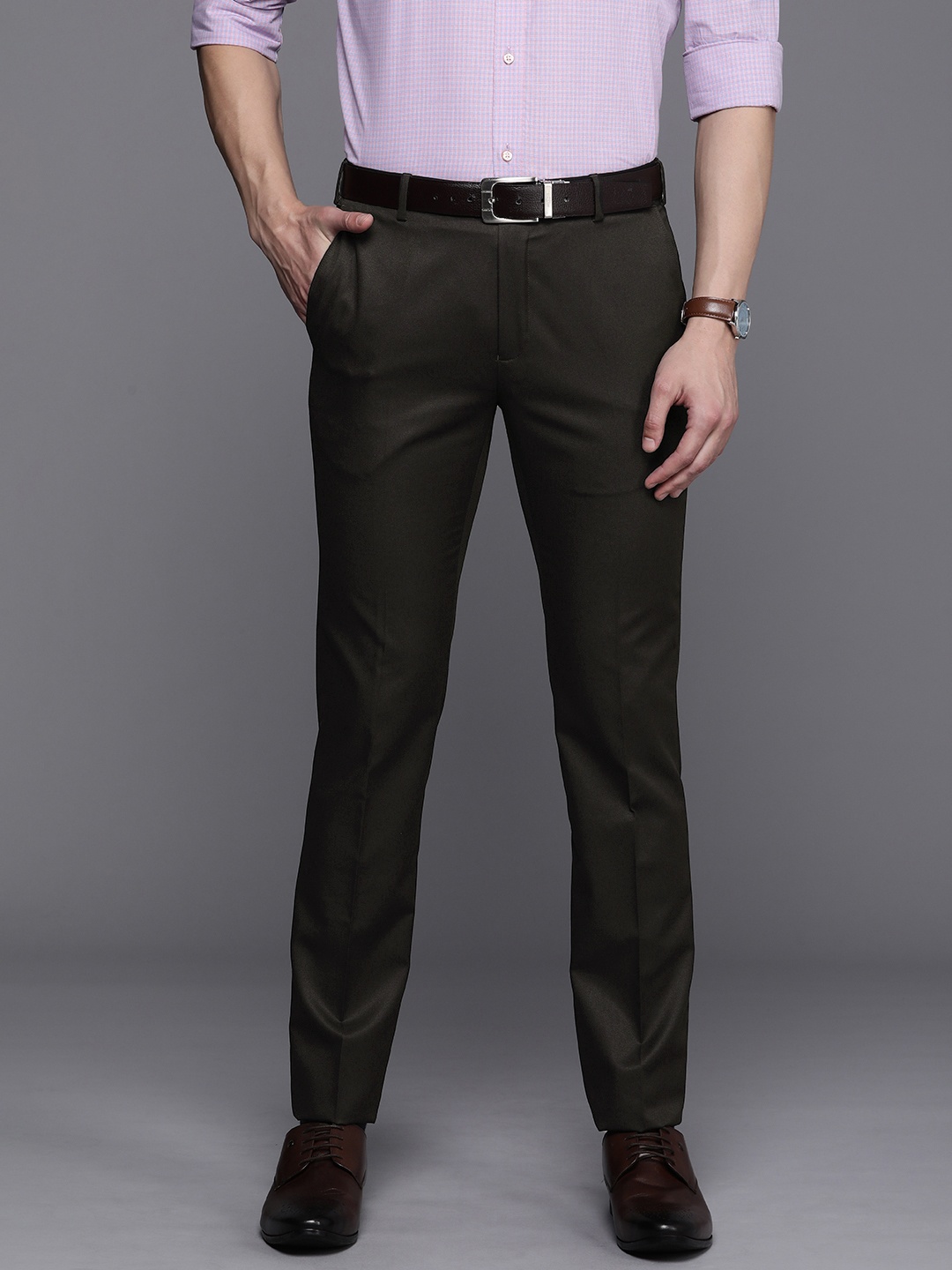 

Raymond Men Checked Slim Fit Formal Trousers, Brown