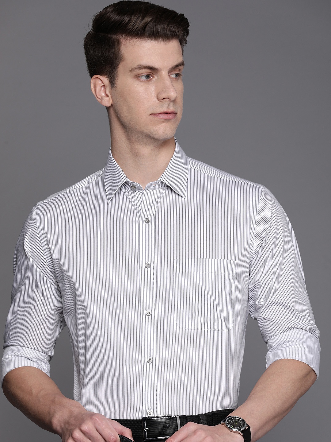 

Raymond Men Pure Cotton Slim Fit Striped Formal Shirt, Grey