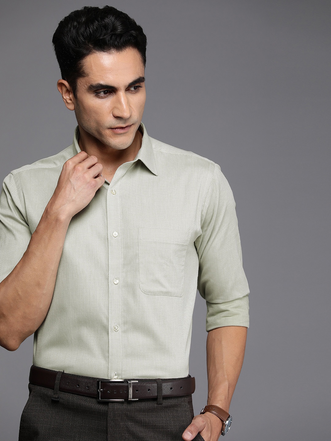 

Raymond Pure Cotton Self Design Slim Fit Textured Formal Shirt, Green