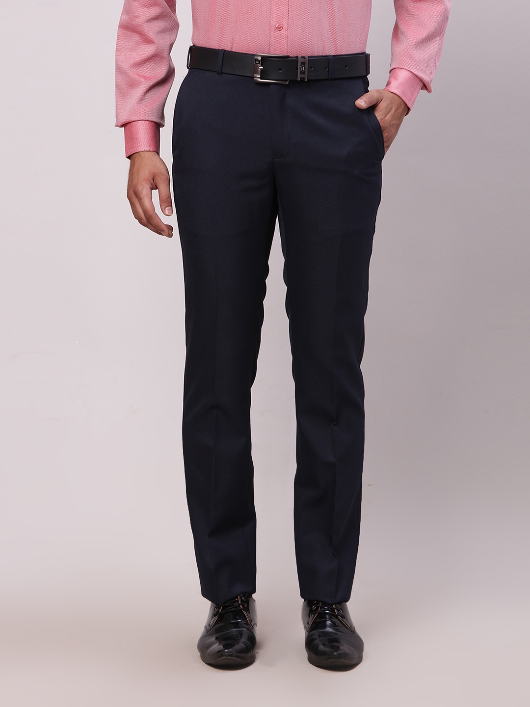 

Raymond Men Textured Slim Fit Formal Trousers, Navy blue