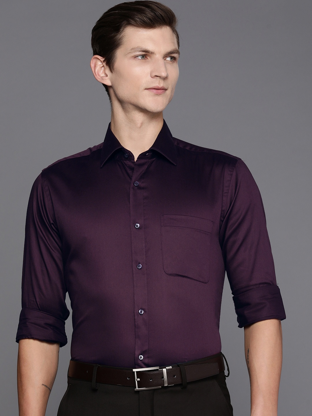 

Raymond Solid Slim Fit Pure Cotton Formal Shirt, Purple